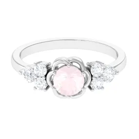 1 CT Round Shape Rose Quartz Floral Engagement Ring with Diamond Trio