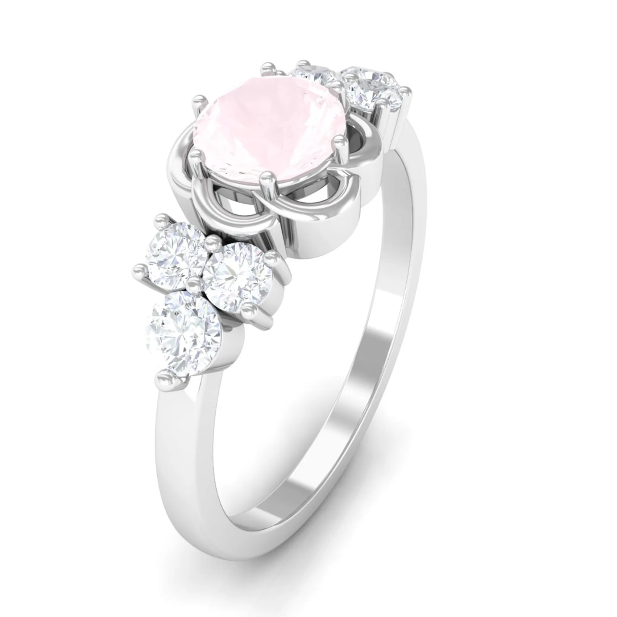 1 CT Round Shape Rose Quartz Floral Engagement Ring with Diamond Trio