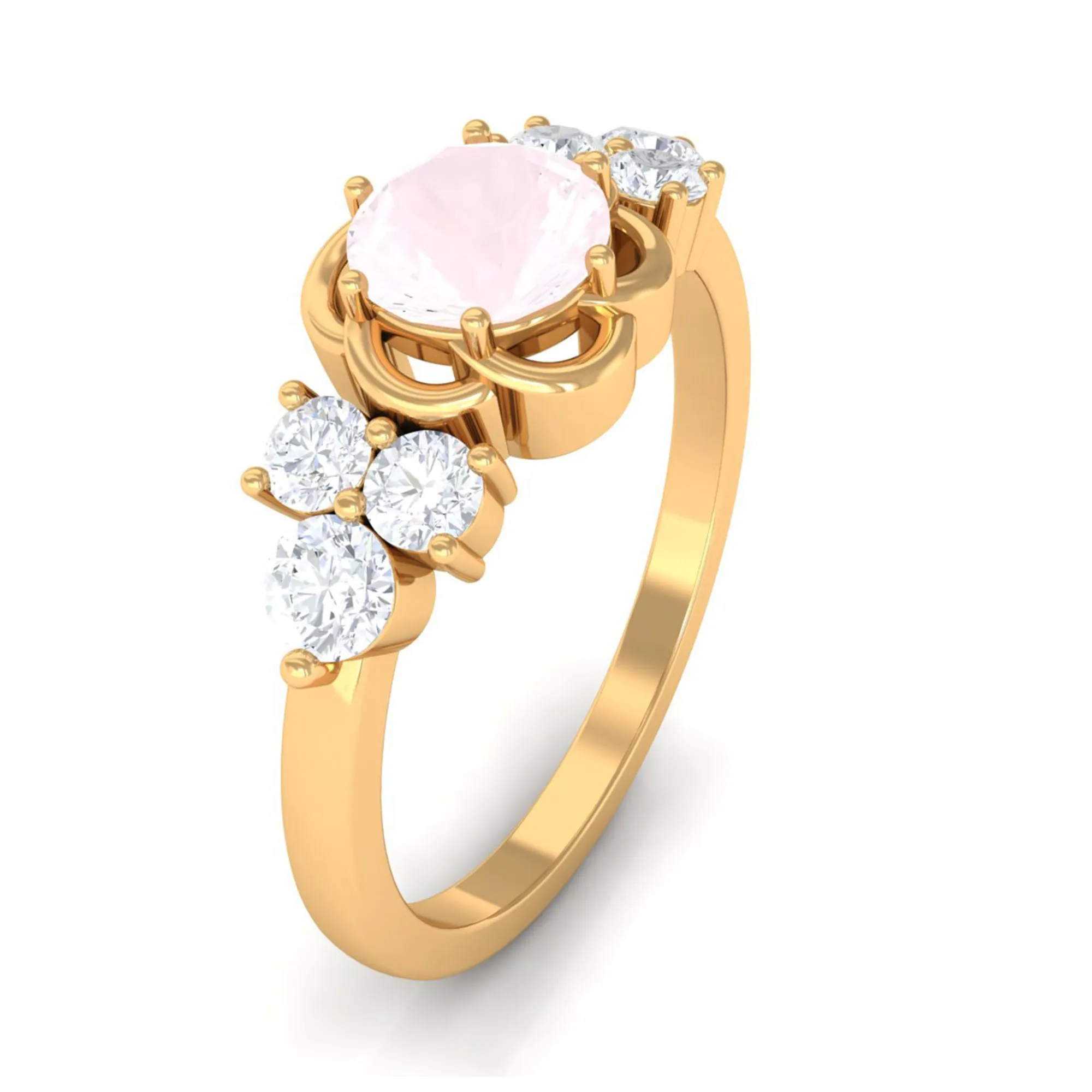 1 CT Round Shape Rose Quartz Floral Engagement Ring with Diamond Trio