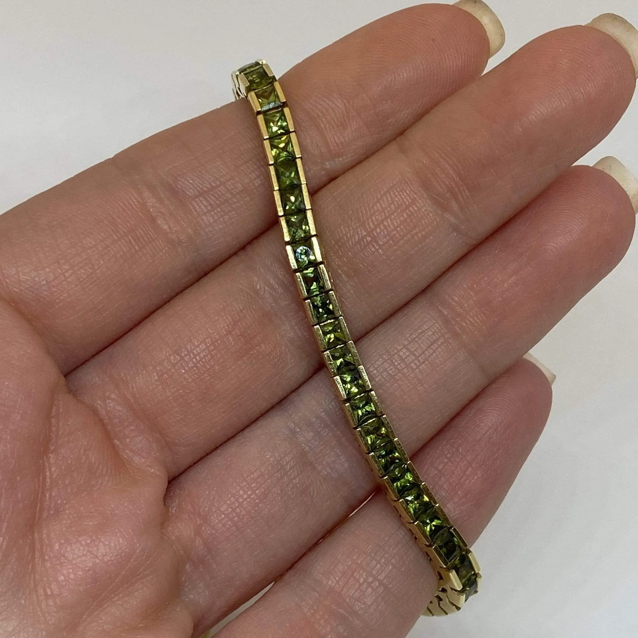 10.44CTW Natural Green Sapphire Princess Channel Bracelet, 14KY