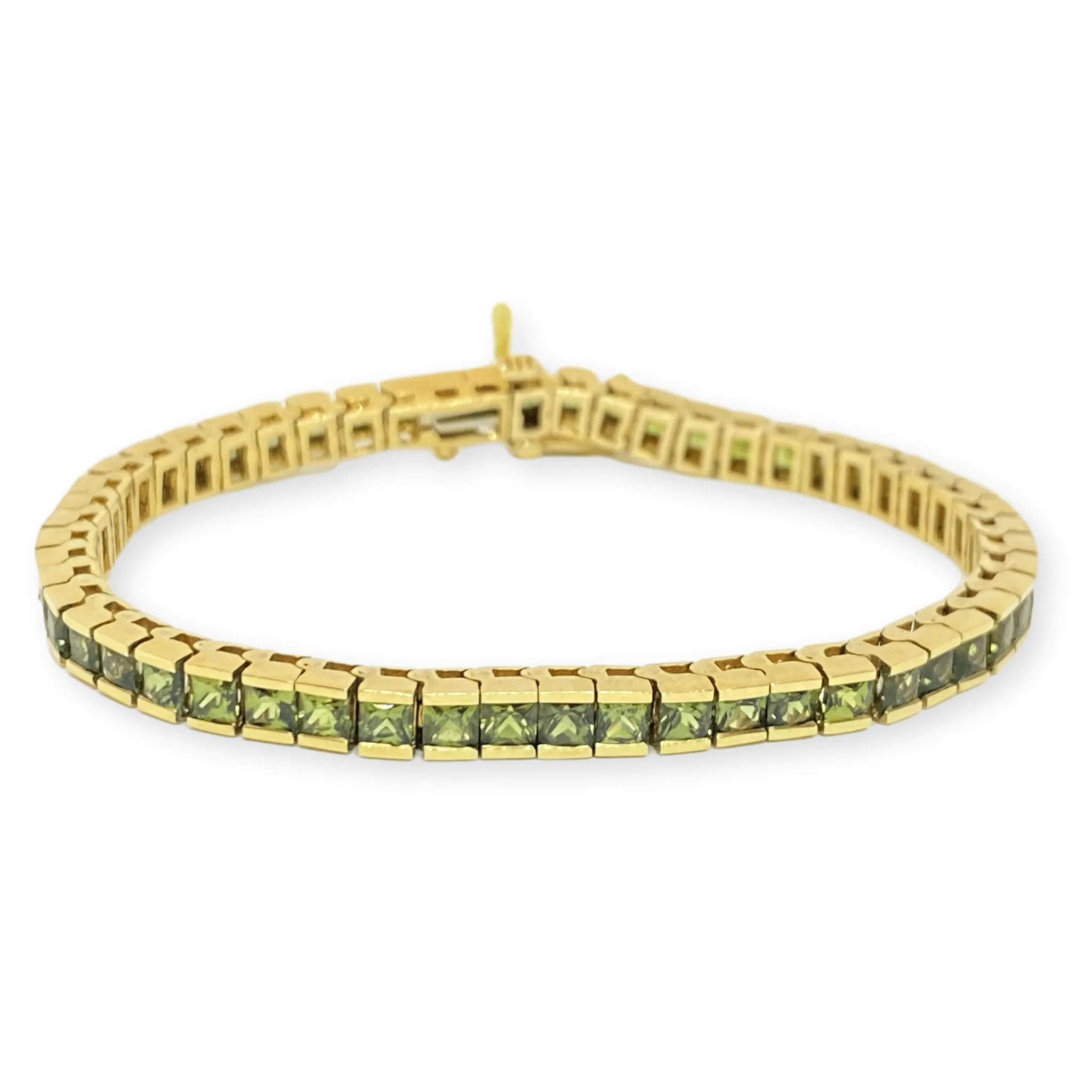 10.44CTW Natural Green Sapphire Princess Channel Bracelet, 14KY