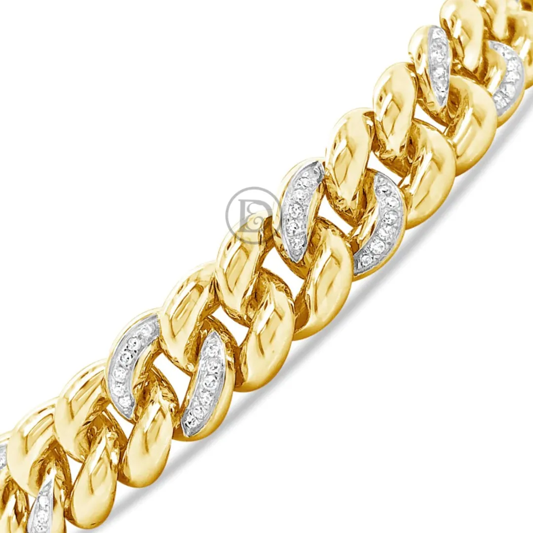 10K Solid Yellow Gold .74CT tw Round Cut Diamond Cuban Link 9.6mm Bracelet