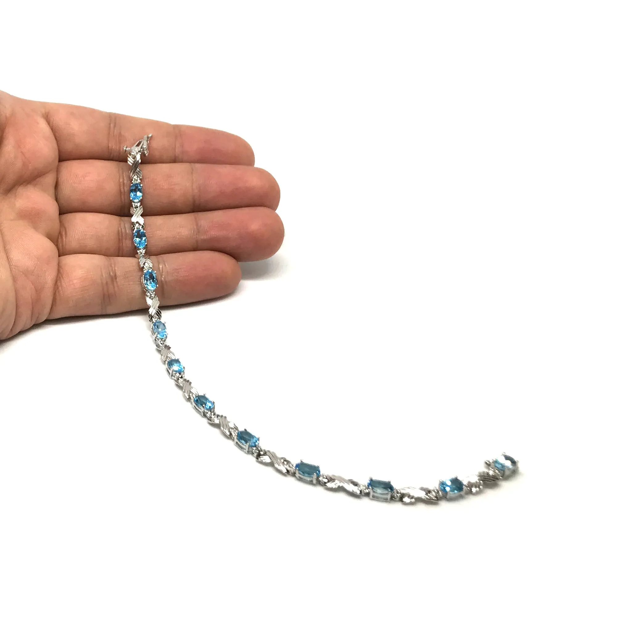 10K White Gold Oval Blue Topaz Stones And Diamonds Tennis Bracelet, 7"