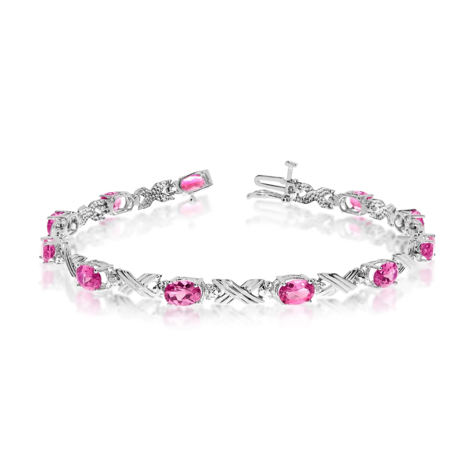 10K White Gold Oval Pink Topaz Stones And Diamonds Tennis Bracelet, 7"