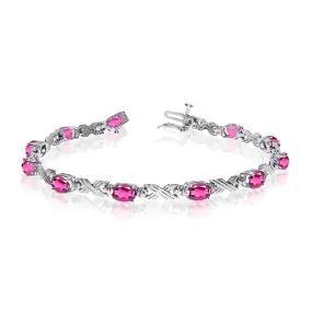 14K White Gold Oval Pink Topaz Stones And Diamonds Tennis Bracelet, 7"