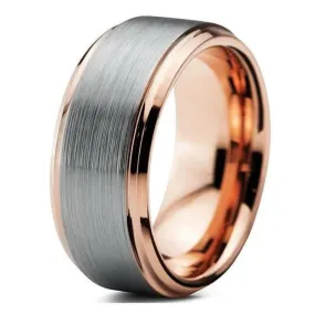 18K Rose Gold Inlaid Tungsten Ring With Stepped Edges Brushed Finished Center - 10mm