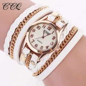 2017 CCQ Fashion Gold Chain Leather Bracelet Watch Women Casual Wrist Watch Analog Quartz Watch Clock Hour Relogio Feminino 1071