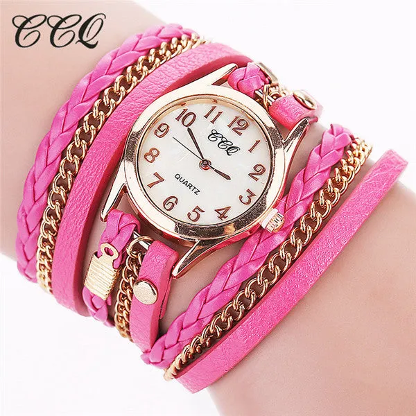 2017 CCQ Fashion Gold Chain Leather Bracelet Watch Women Casual Wrist Watch Analog Quartz Watch Clock Hour Relogio Feminino 1071