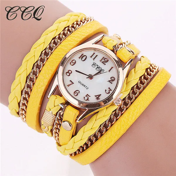 2017 CCQ Fashion Gold Chain Leather Bracelet Watch Women Casual Wrist Watch Analog Quartz Watch Clock Hour Relogio Feminino 1071