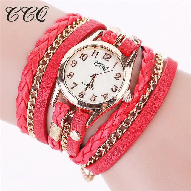 2017 CCQ Fashion Gold Chain Leather Bracelet Watch Women Casual Wrist Watch Analog Quartz Watch Clock Hour Relogio Feminino 1071