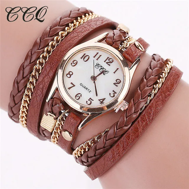 2017 CCQ Fashion Gold Chain Leather Bracelet Watch Women Casual Wrist Watch Analog Quartz Watch Clock Hour Relogio Feminino 1071