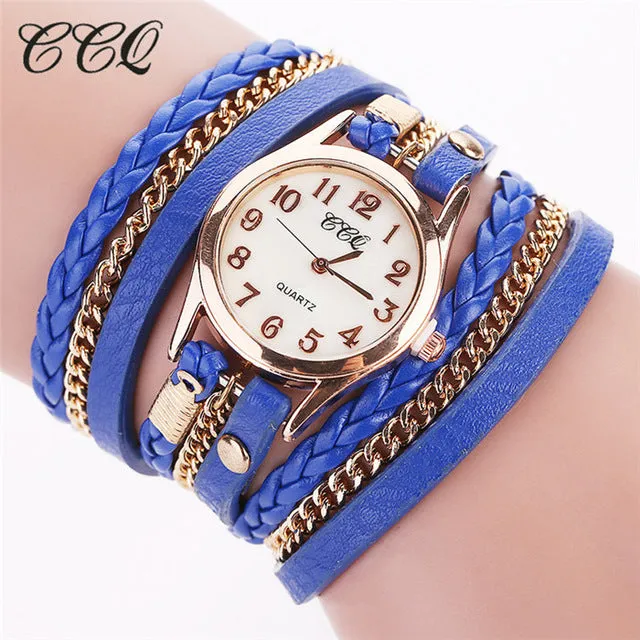 2017 CCQ Fashion Gold Chain Leather Bracelet Watch Women Casual Wrist Watch Analog Quartz Watch Clock Hour Relogio Feminino 1071