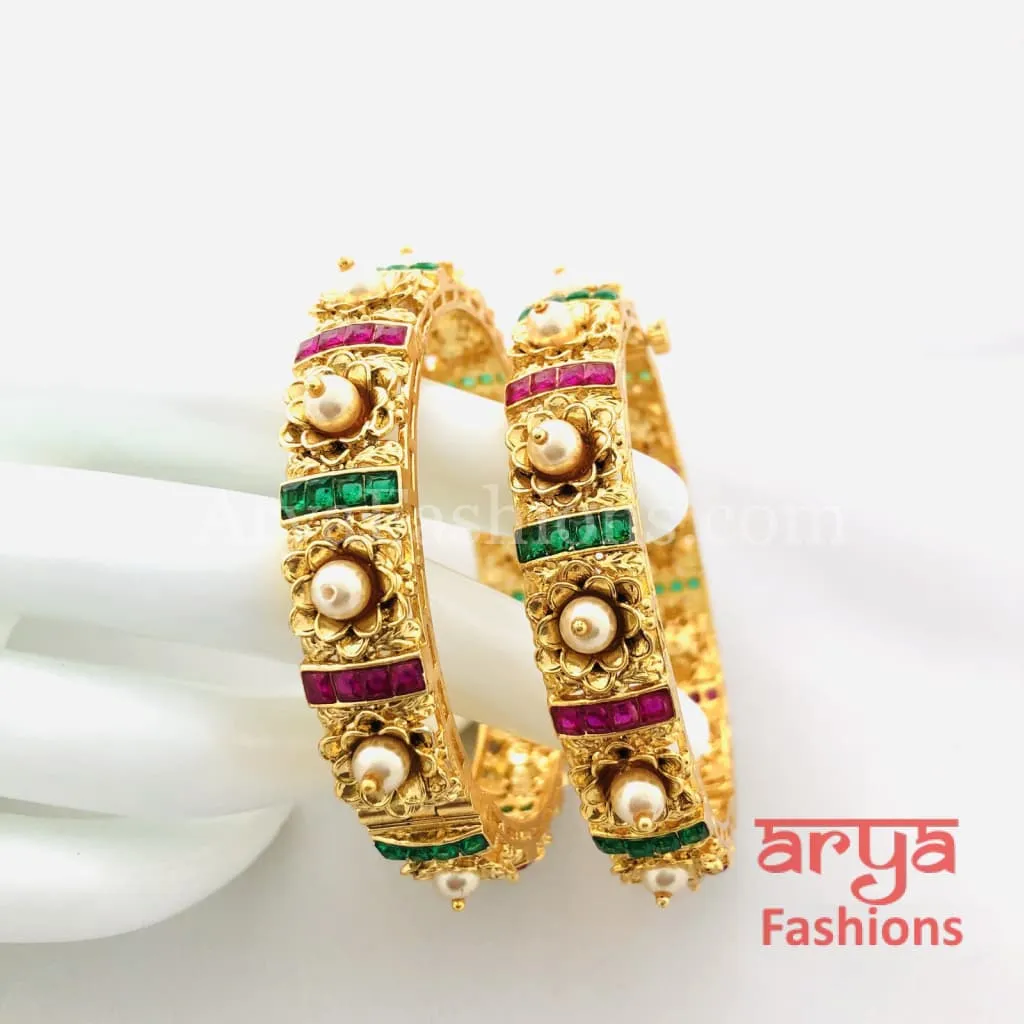 2.6 size Kundan, Ruby Rajwadi Meenakari Bangles with Pearls