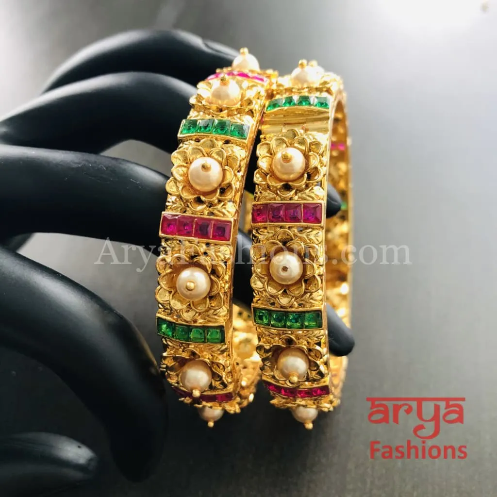 2.6 size Kundan, Ruby Rajwadi Meenakari Bangles with Pearls