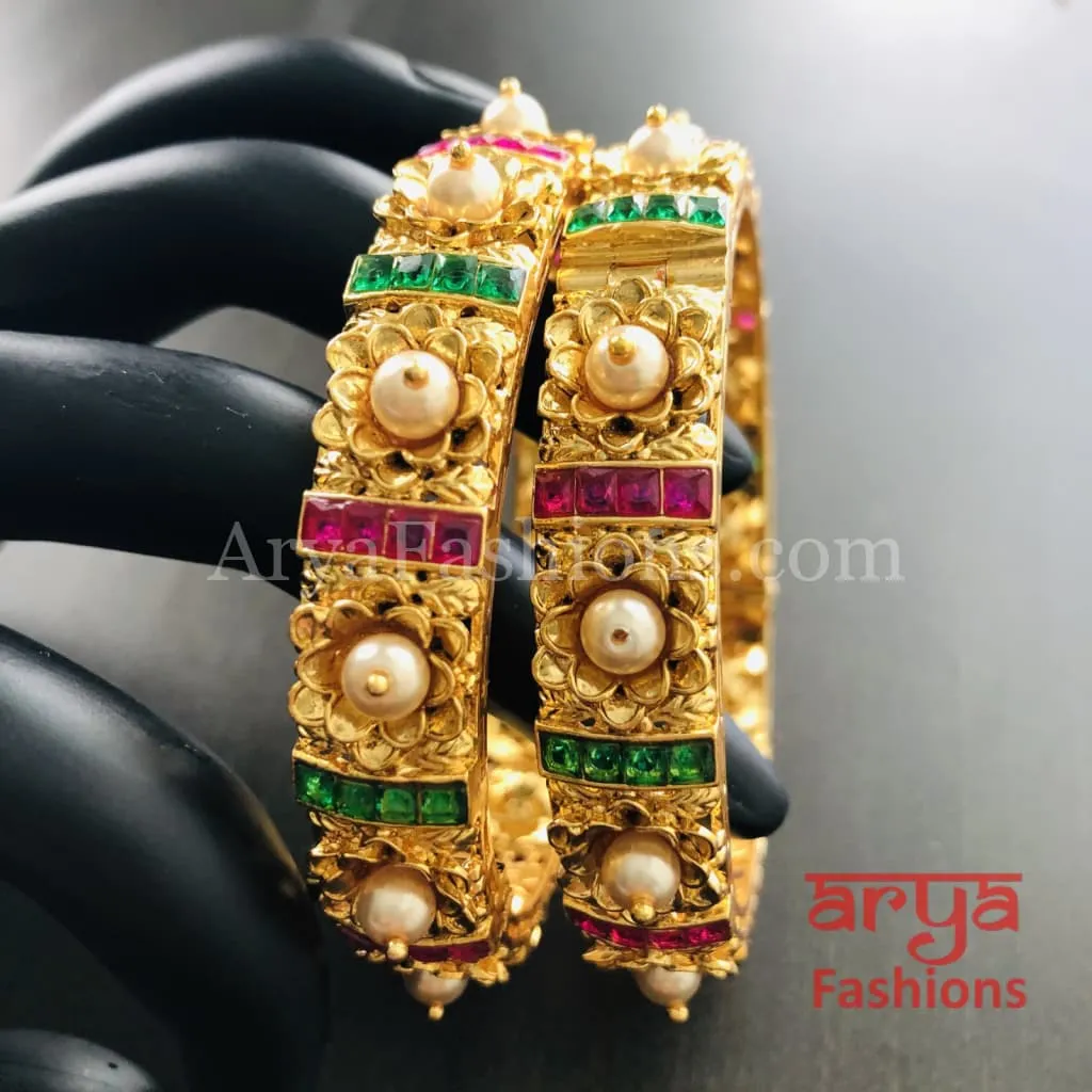 2.6 size Kundan, Ruby Rajwadi Meenakari Bangles with Pearls