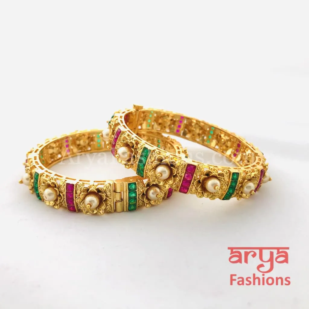 2.6 size Kundan, Ruby Rajwadi Meenakari Bangles with Pearls