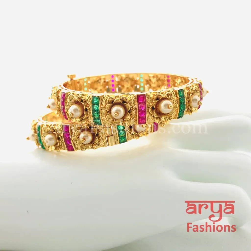 2.6 size Kundan, Ruby Rajwadi Meenakari Bangles with Pearls