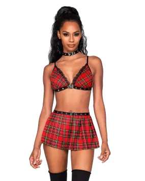 3 pc Detention Hall Hottie Bralette, Mini Skirt & Choker Red Plaid O/S