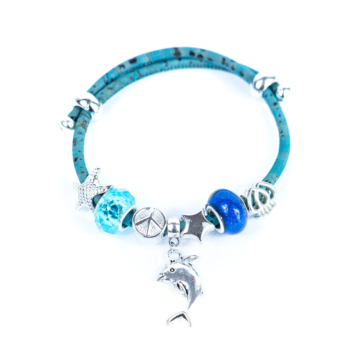 3mm round natural color cork wire and alloy dolphin pendant handmade women bracelet BR-495-MIX-6