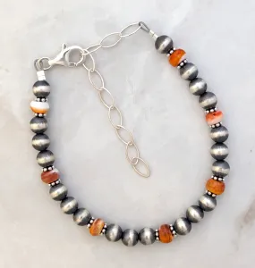 6mm Navajo Pearls & Orange Spiny Oyster Bracelet Sterling Silver