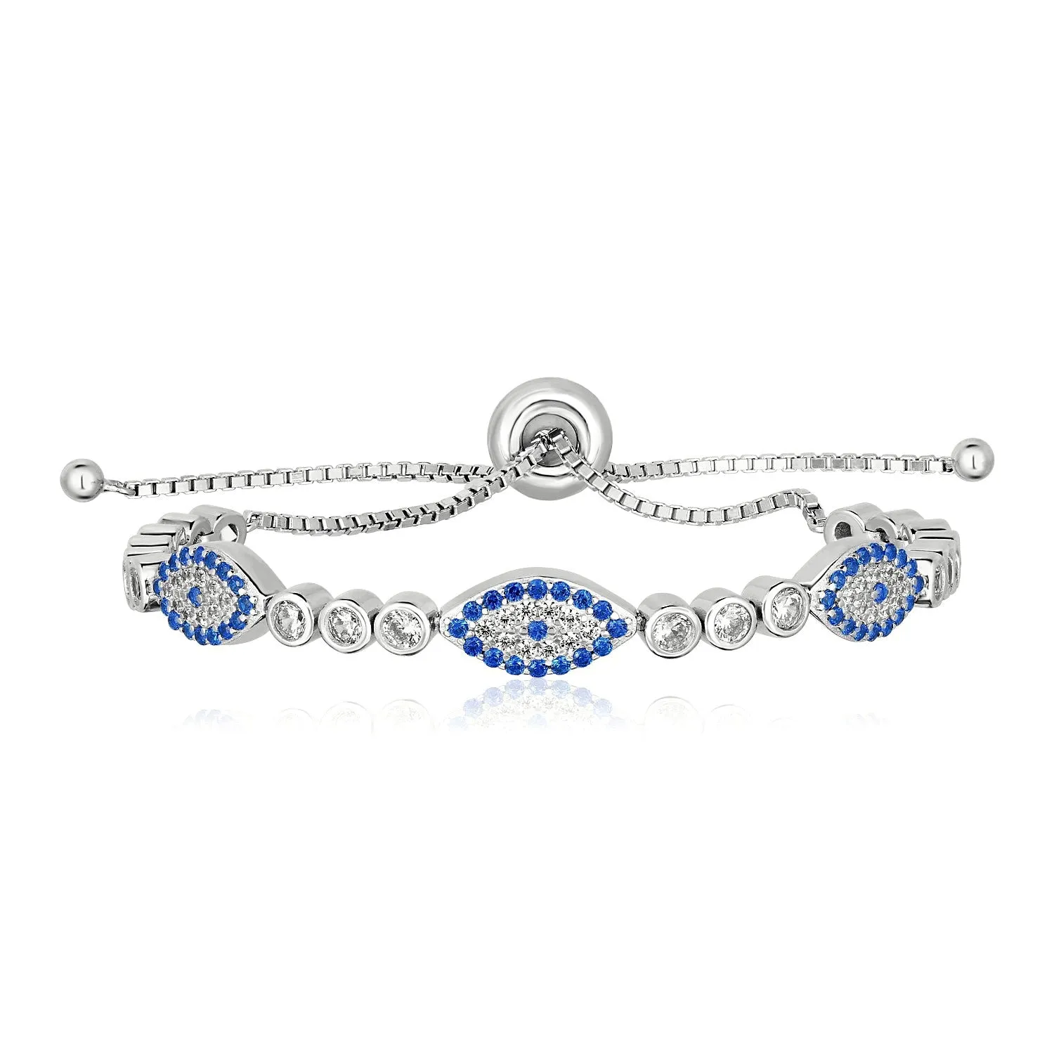 925 Silver ADJ Enameled Evil Eye Bracelet Cubic Zirconias 9.25 inches