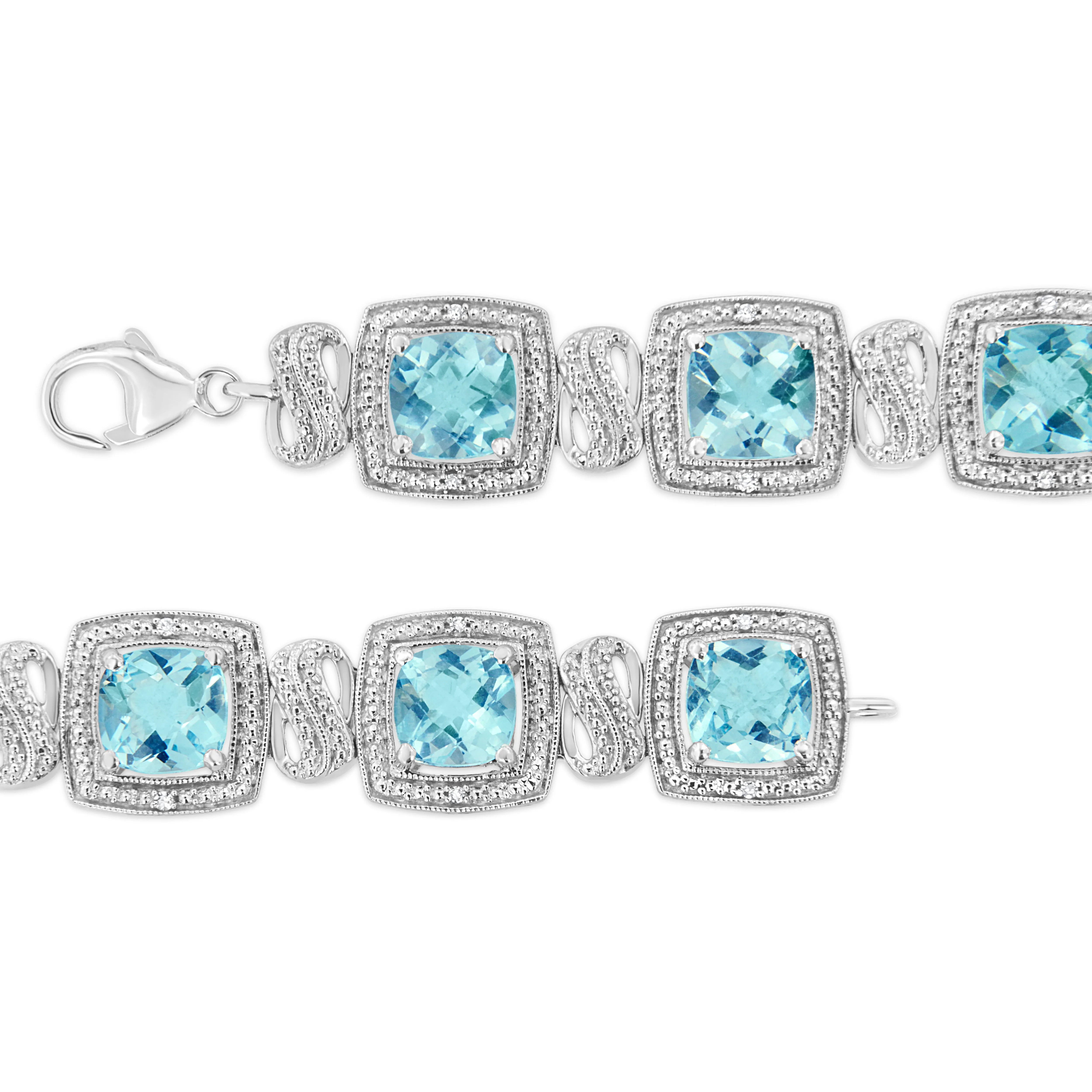 .925 Sterling Silver 7x7 mm Cushion Cut Blue Topaz and 1/10 Ctw Single Cut Diamond Square Shape Tennis Bracelet