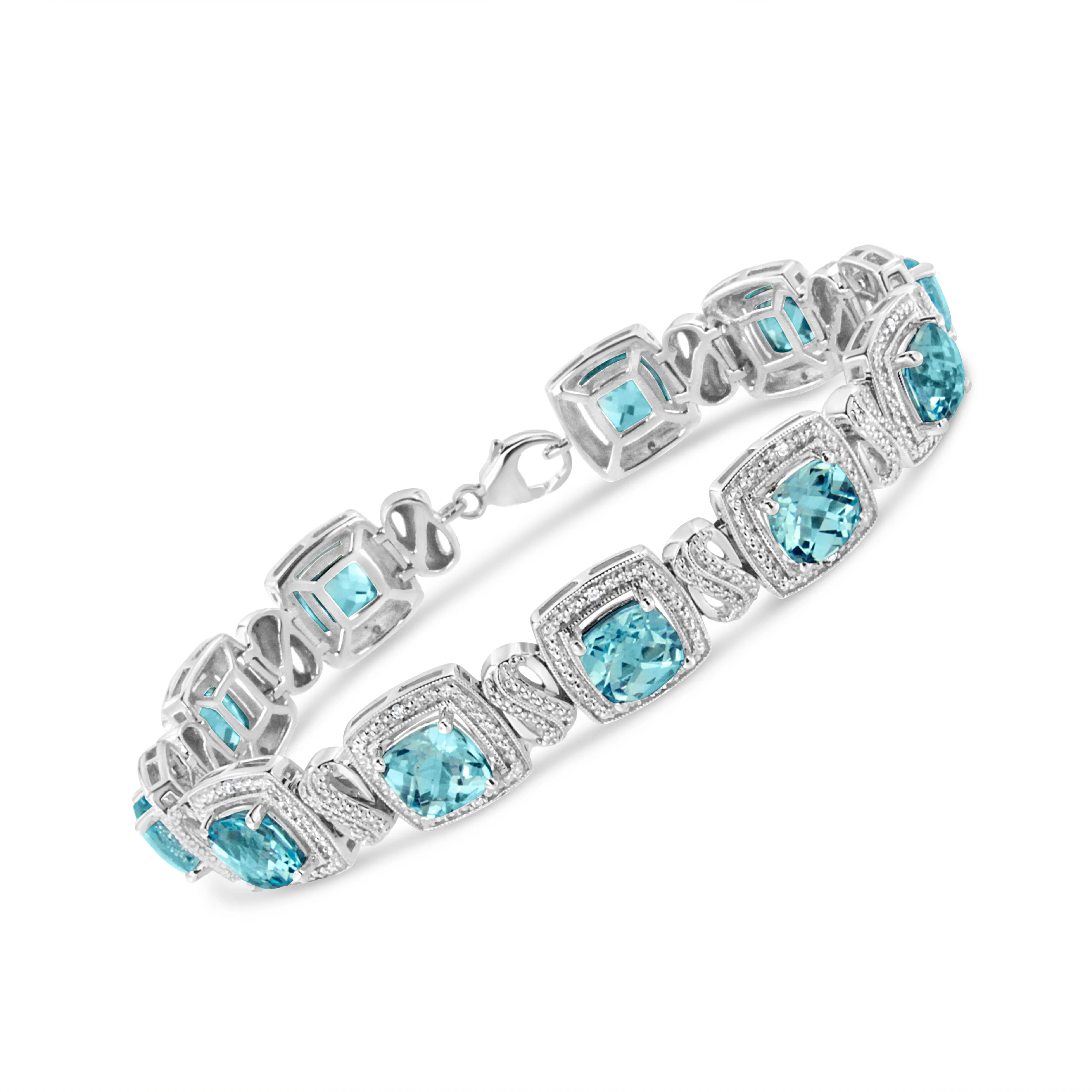 .925 Sterling Silver 7x7 mm Cushion Cut Blue Topaz and 1/10 Ctw Single Cut Diamond Square Shape Tennis Bracelet