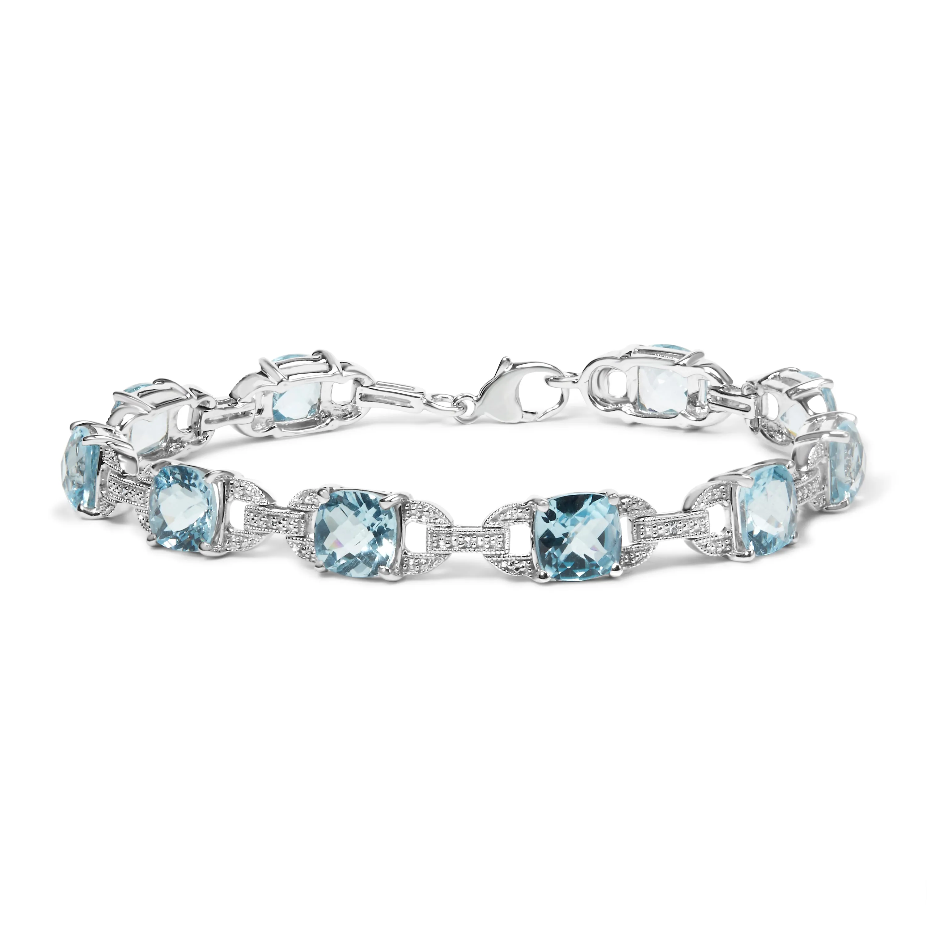 .925 Sterling Silver 7x7 mm Cushion Cut Blue Topaz and 1/20 cttw Round Cut Diamond Fashion Tennis Bracelet