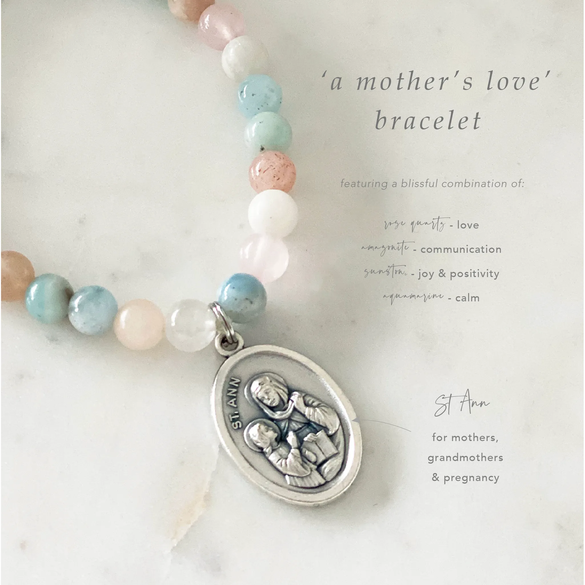 'A Mother's Love' Gemstone Saint Bracelet V2 - Rose Quartz / Amazonite / Sunstone / Aquamarine with St Ann