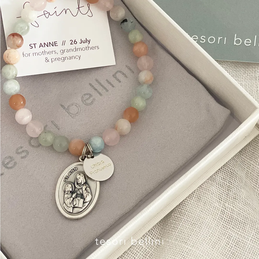 'A Mother's Love' Gemstone Saint Bracelet V2 - Rose Quartz / Amazonite / Sunstone / Aquamarine with St Ann