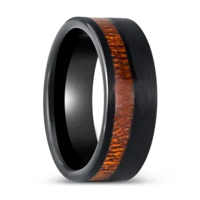 ARCHIE | Black Tungsten Ring, Koa Wood and Inlay, Flat