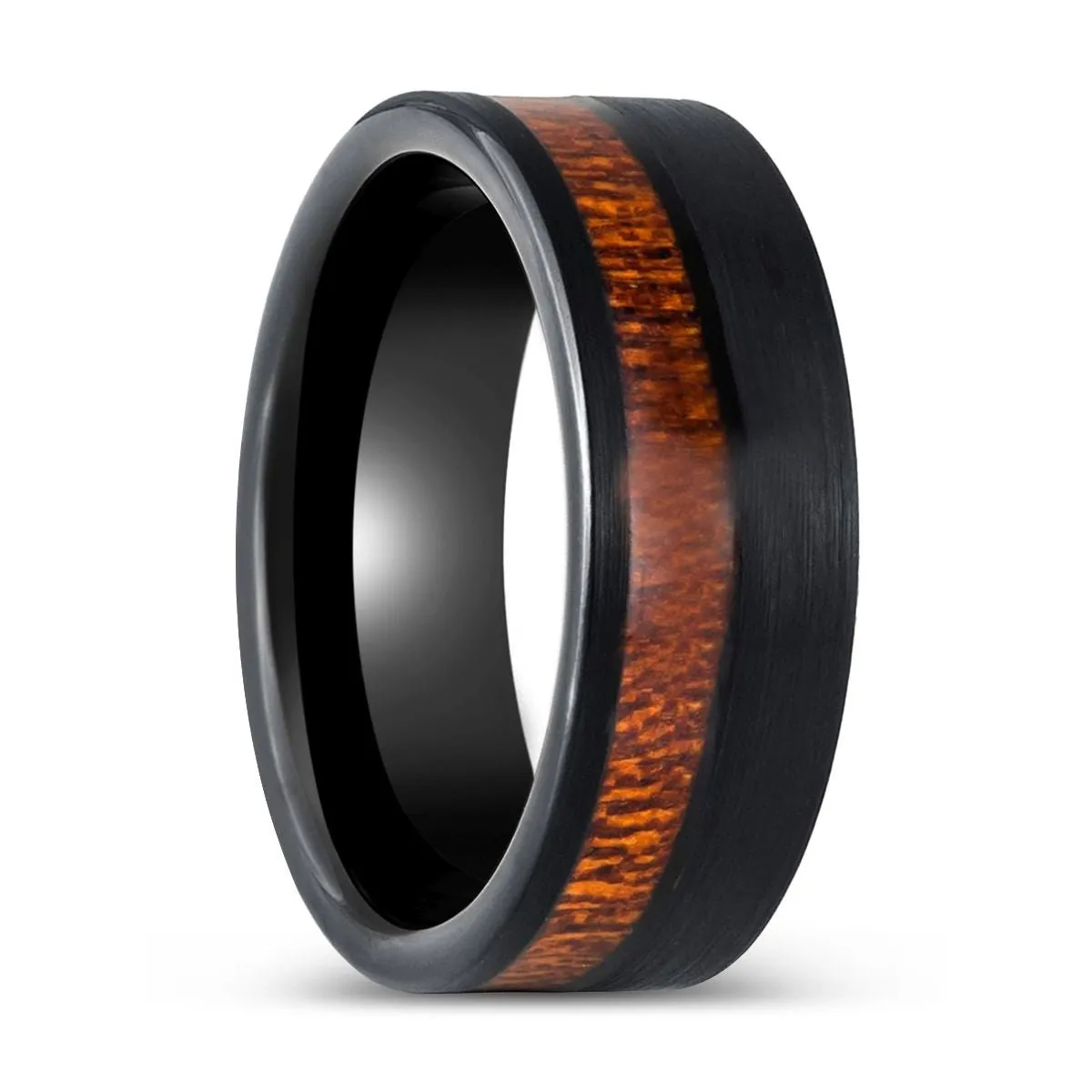 ARCHIE | Black Tungsten Ring, Koa Wood and Inlay, Flat