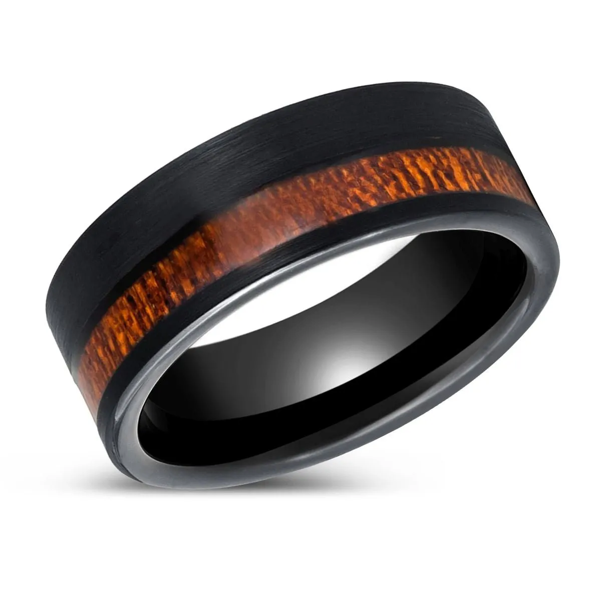 ARCHIE | Black Tungsten Ring, Koa Wood and Inlay, Flat