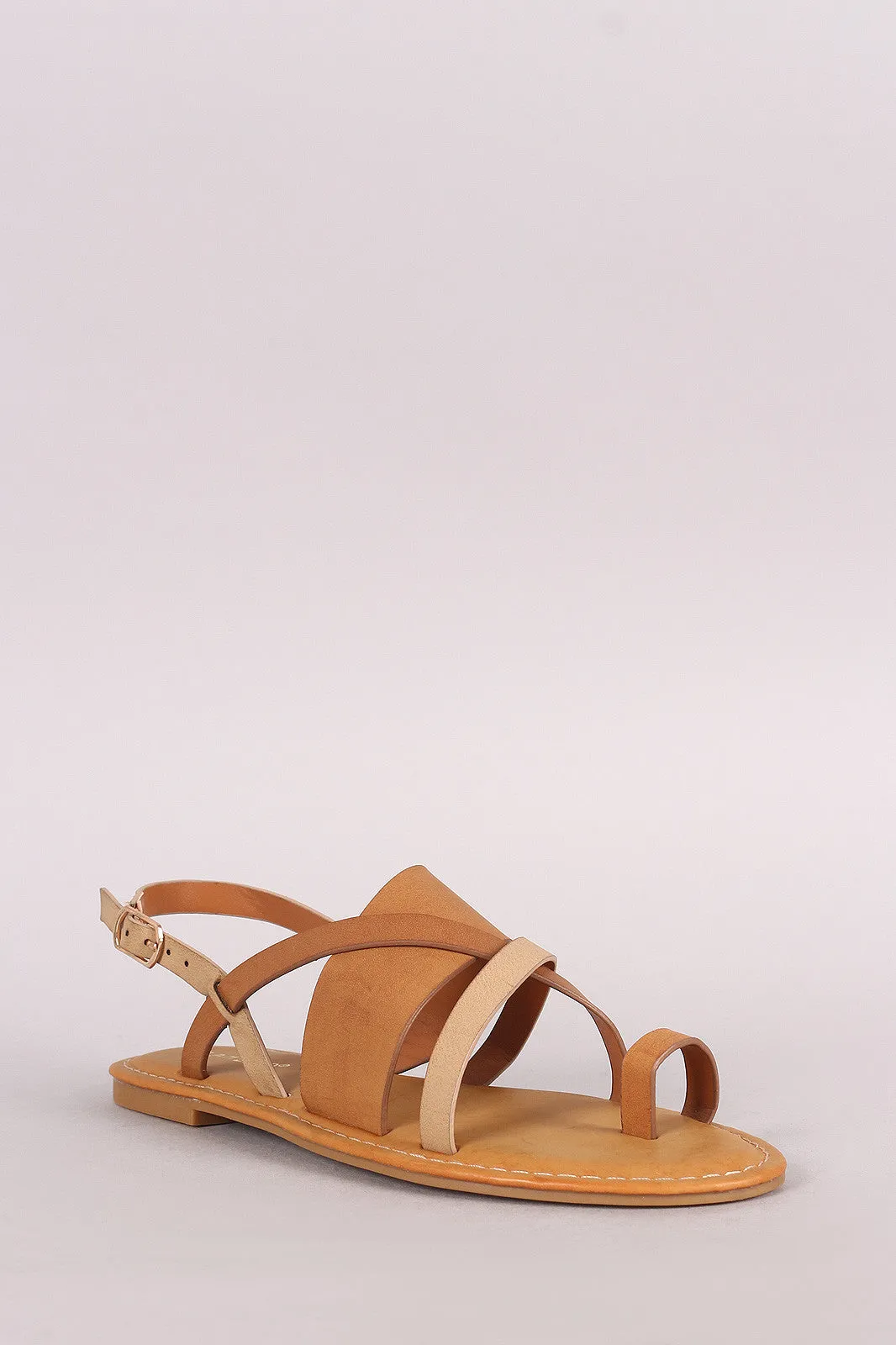 Bamboo Colorblock Strappy Toe Ring Slingback Flat Sandal