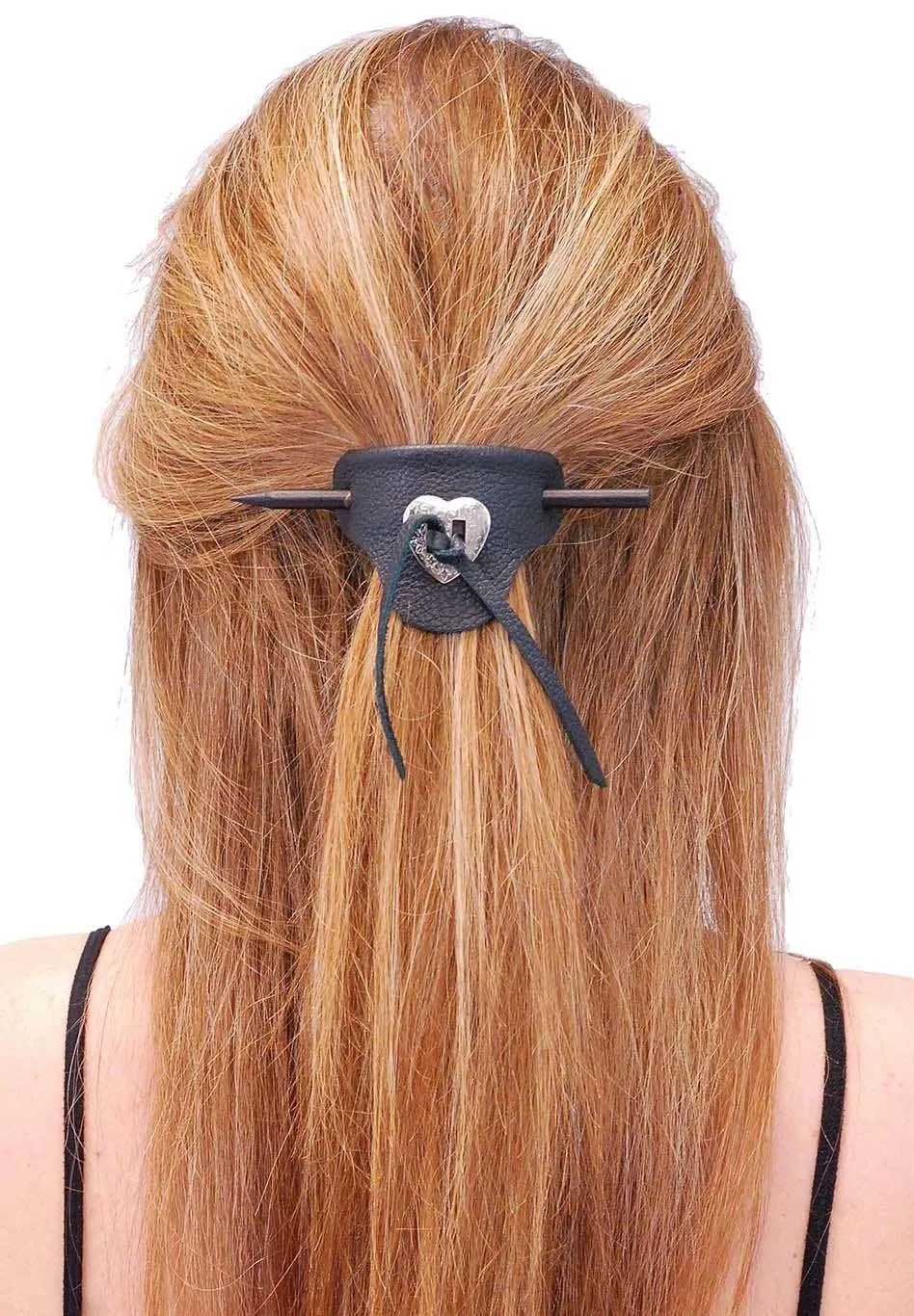 Black Leather Stick Barrette w/Heart Concho #AH14010K ()