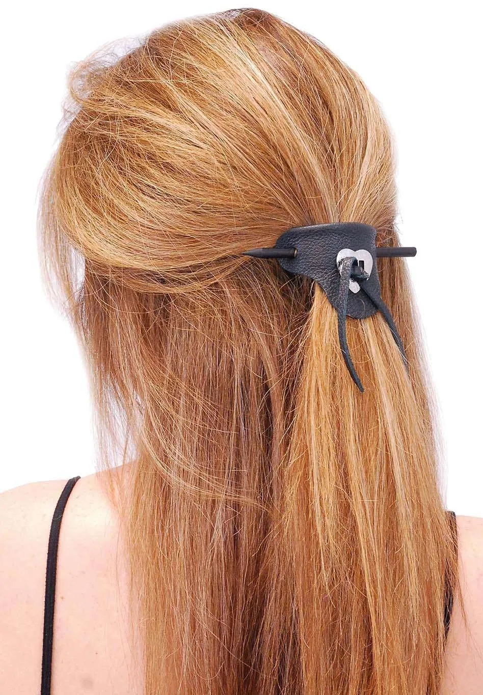 Black Leather Stick Barrette w/Heart Concho #AH14010K ()