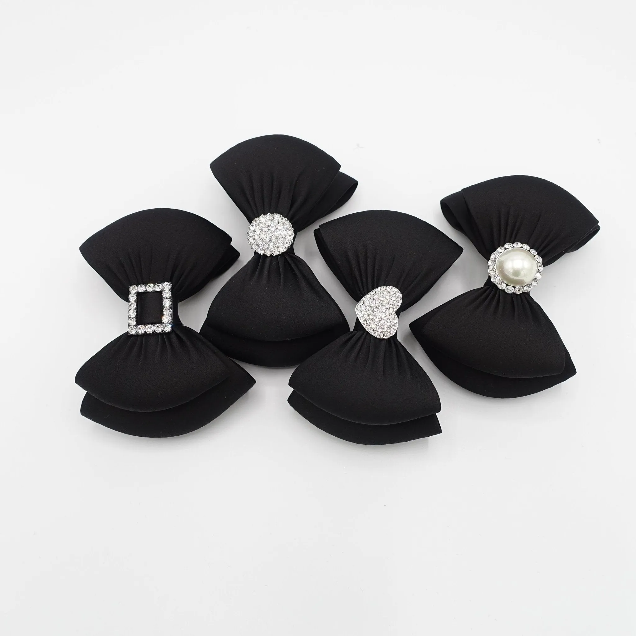 black satin hair bow rhinestone embellished bow french barrette