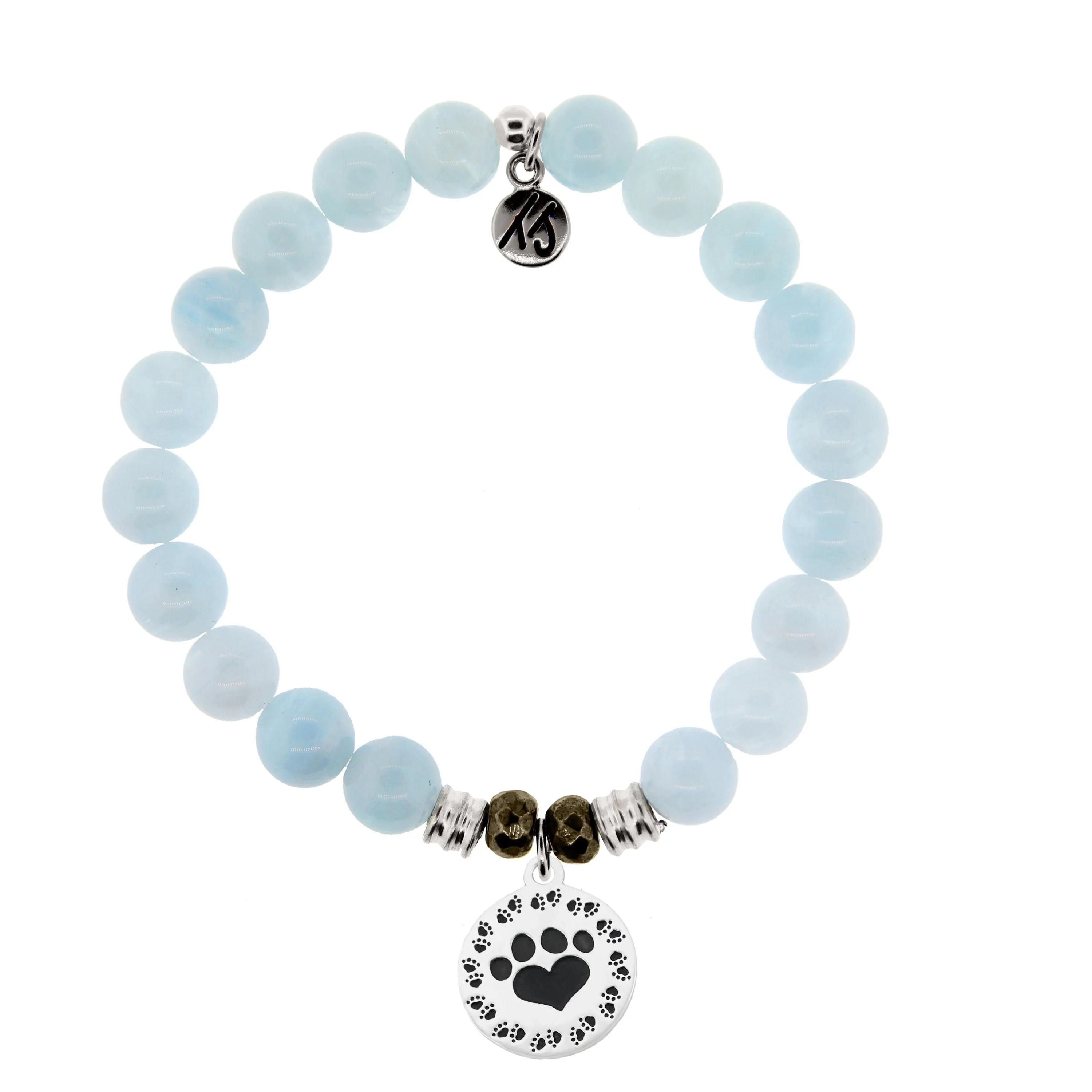 Blue Aquamarine Stone Bracelet with Paw Print Sterling Silver Charm