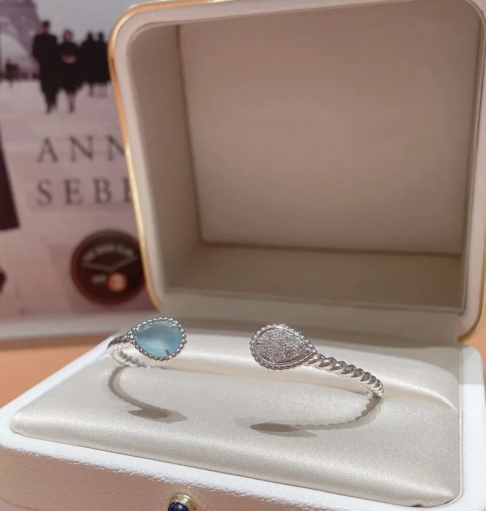 BOHEME AQUAMARINE DIAMOND SILVER OPEN BRACELET