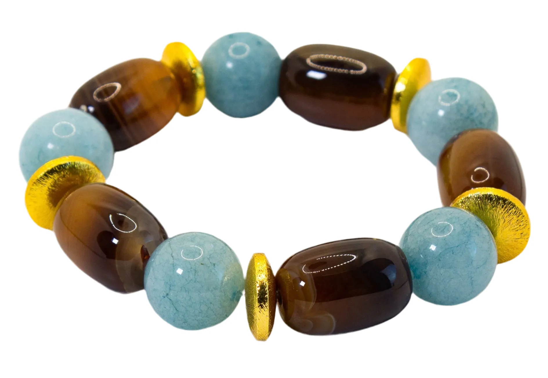 Botswana Agate & Aquamarine Gemstone Gold Statement Bracelet