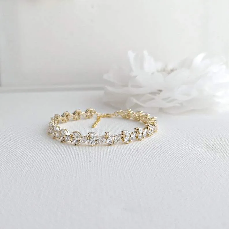 Bridal Tennis Bracelet With Gold Metal and Cubic Zirconia Leaf-Debra