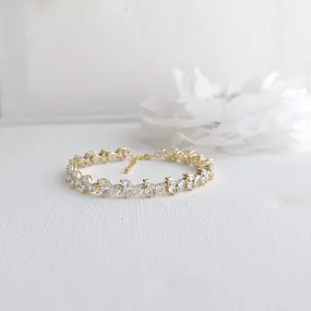 Bridal Tennis Bracelet With Gold Metal and Cubic Zirconia Leaf-Debra