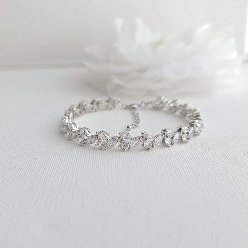 Bridal Tennis Bracelet With Gold Metal and Cubic Zirconia Leaf-Debra