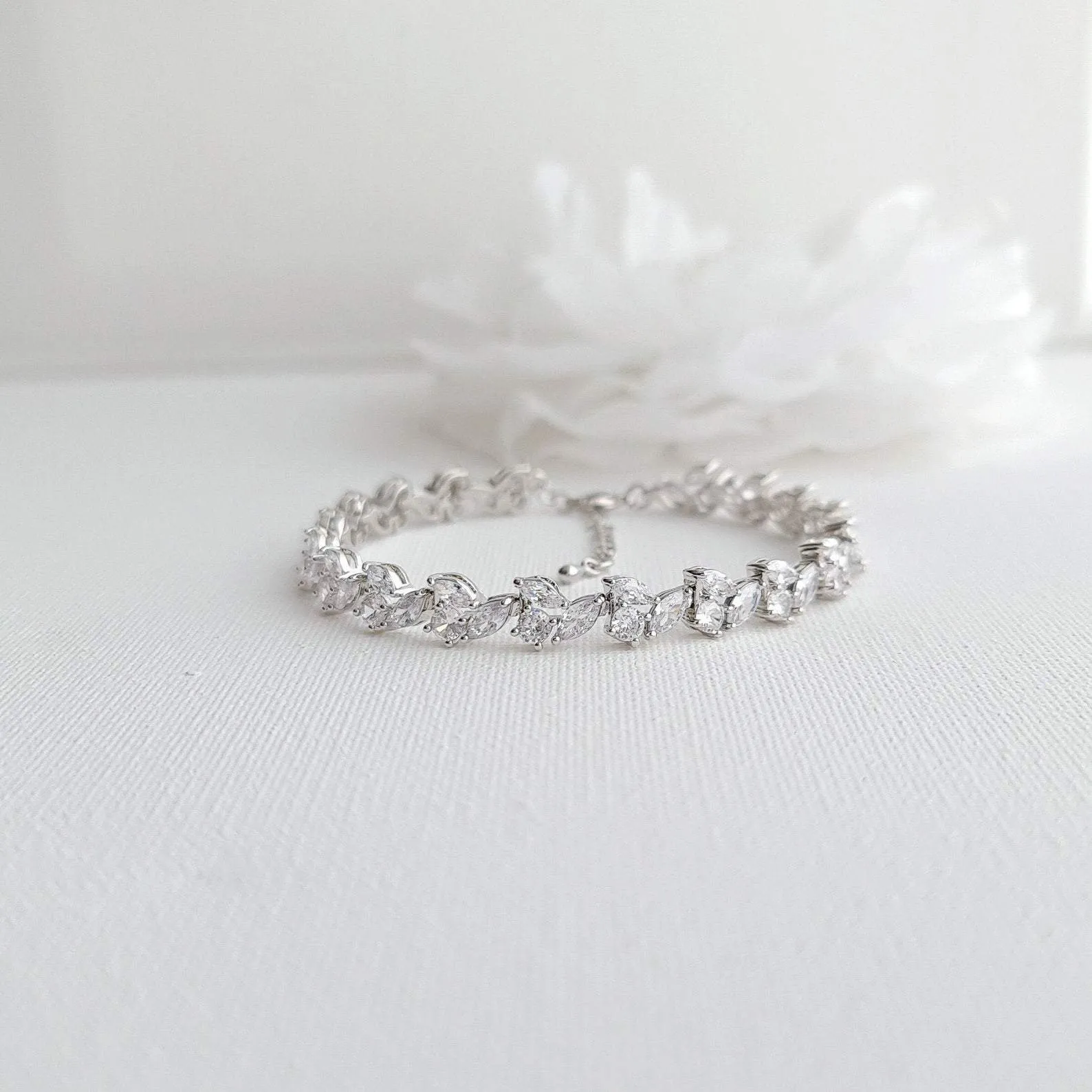 Bridal Tennis Bracelet With Gold Metal and Cubic Zirconia Leaf-Debra