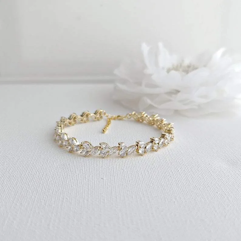 Bridal Tennis Bracelet With Gold Metal and Cubic Zirconia Leaf-Debra