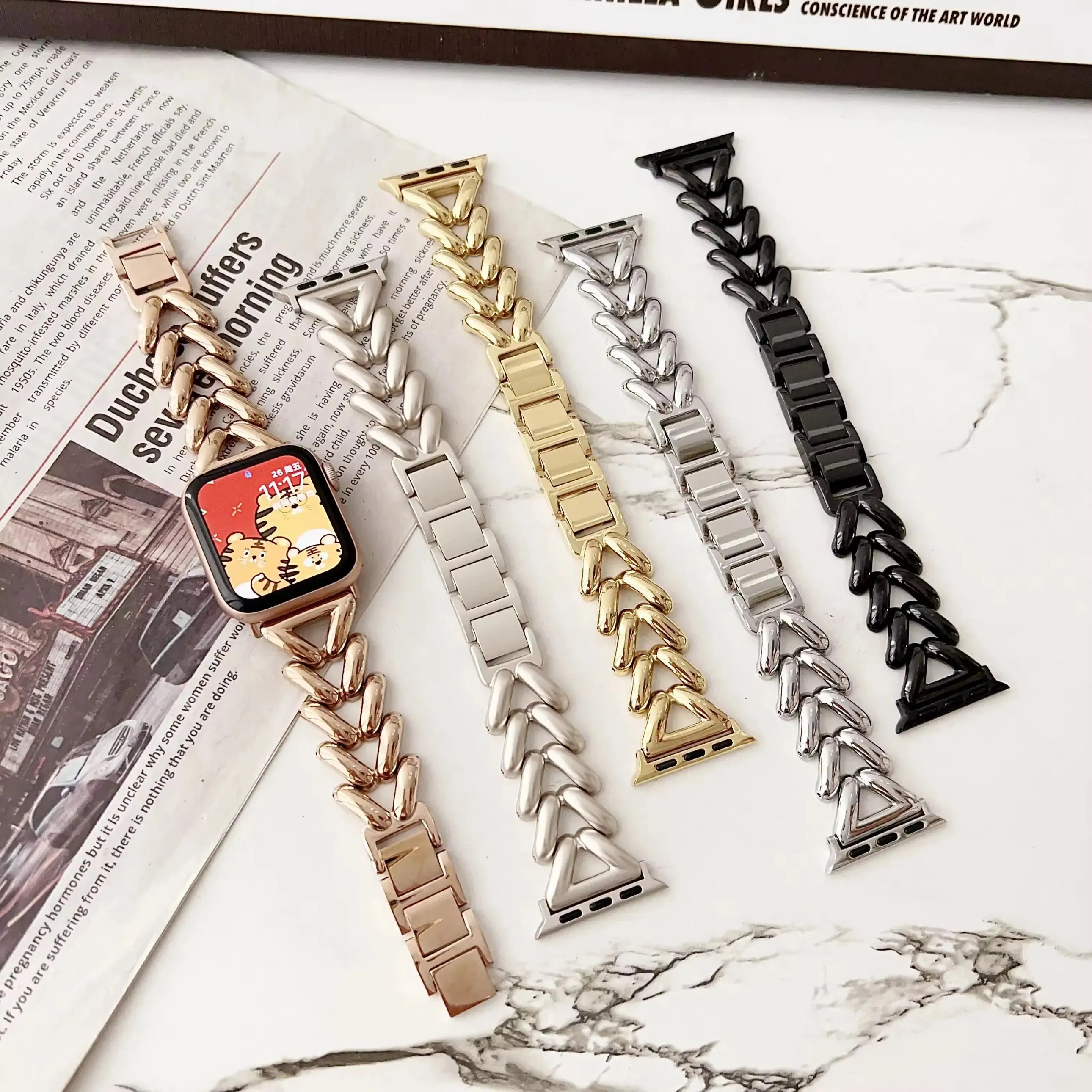 Chic Herringbone Chain Link Steel Bracelet Band For Apple Watch Multiple Colors Available