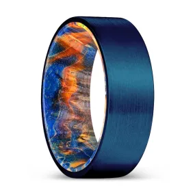 CHIEF | Blue & Yellow/Orange Wood, Blue Tungsten Ring, Brushed, Flat