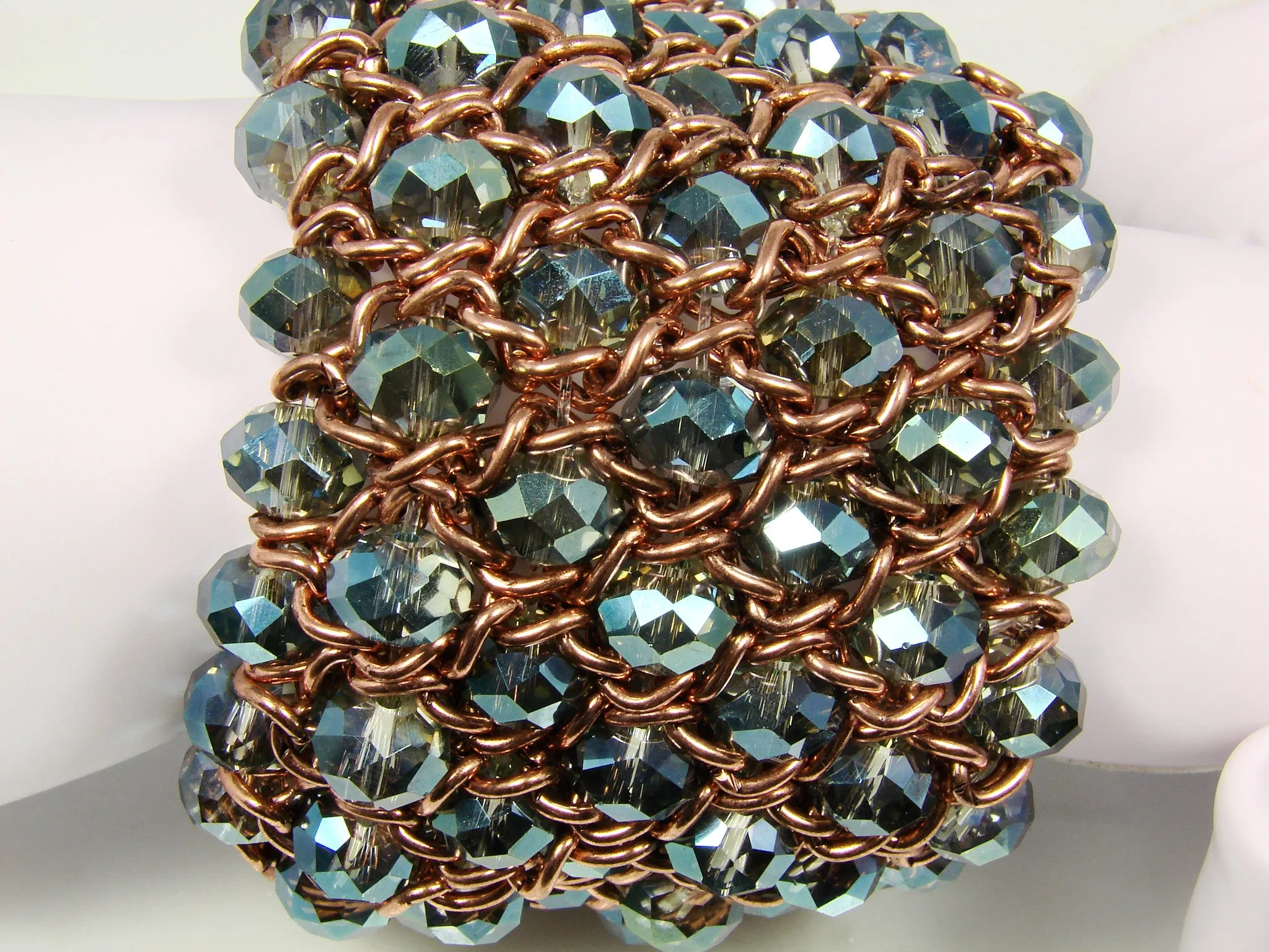 Chunky Bead Bracelet Cuff Stretch Aquamarine Beads