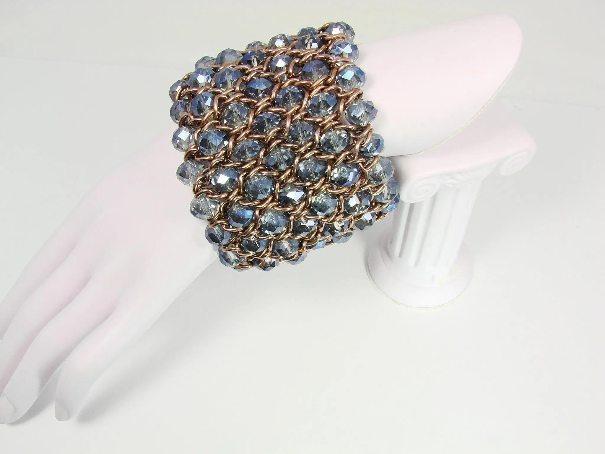 Chunky Bead Bracelet Cuff Stretch Blue Beads