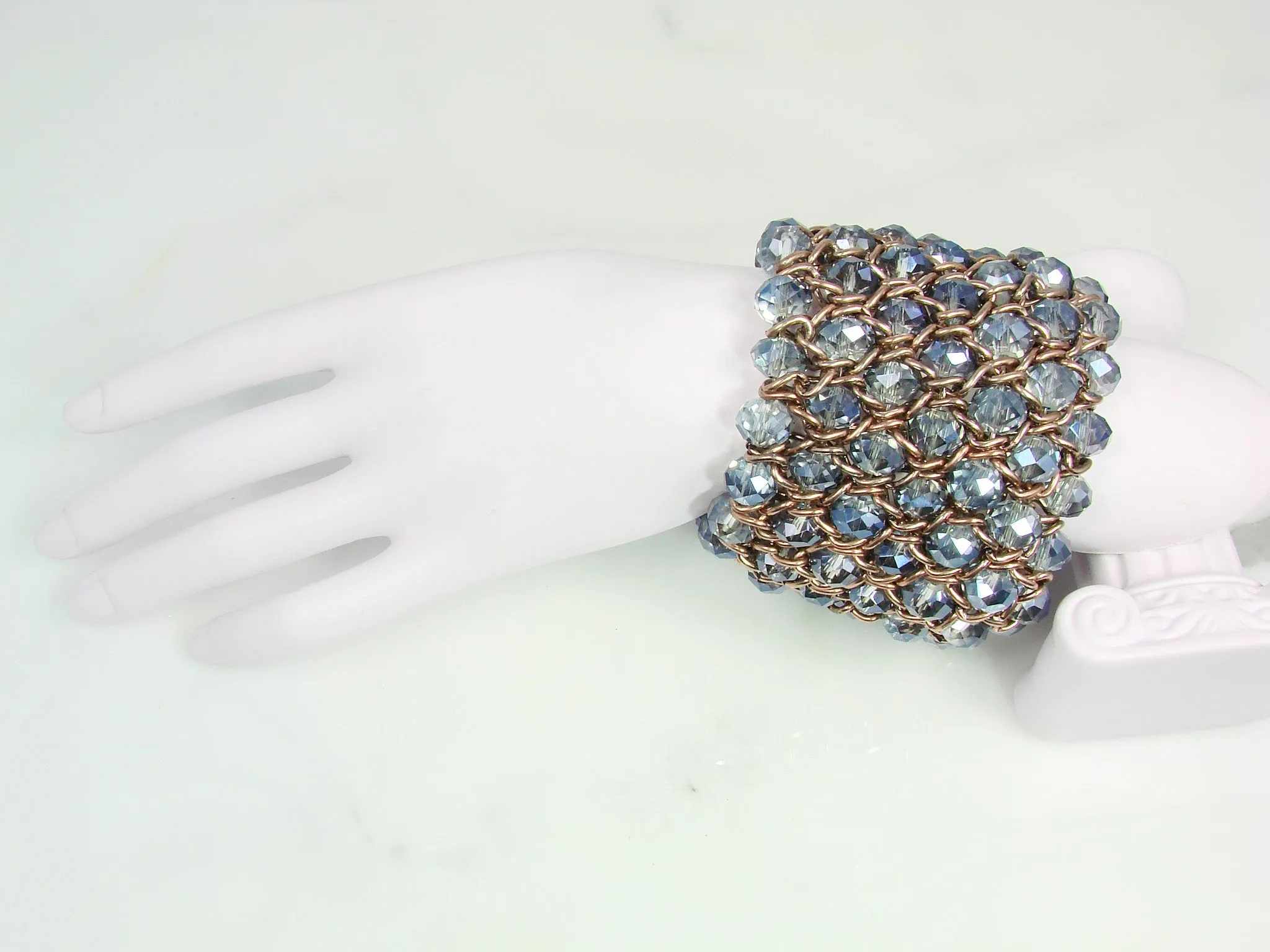 Chunky Bead Bracelet Cuff Stretch Blue Beads